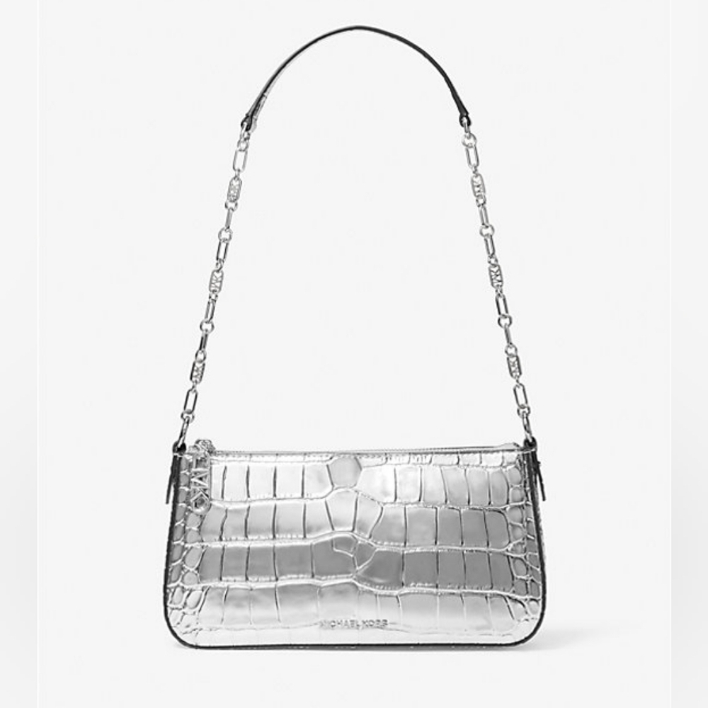 Michael Kors Cocktail Silver Metallic Leather Shoulder Pochette Bag